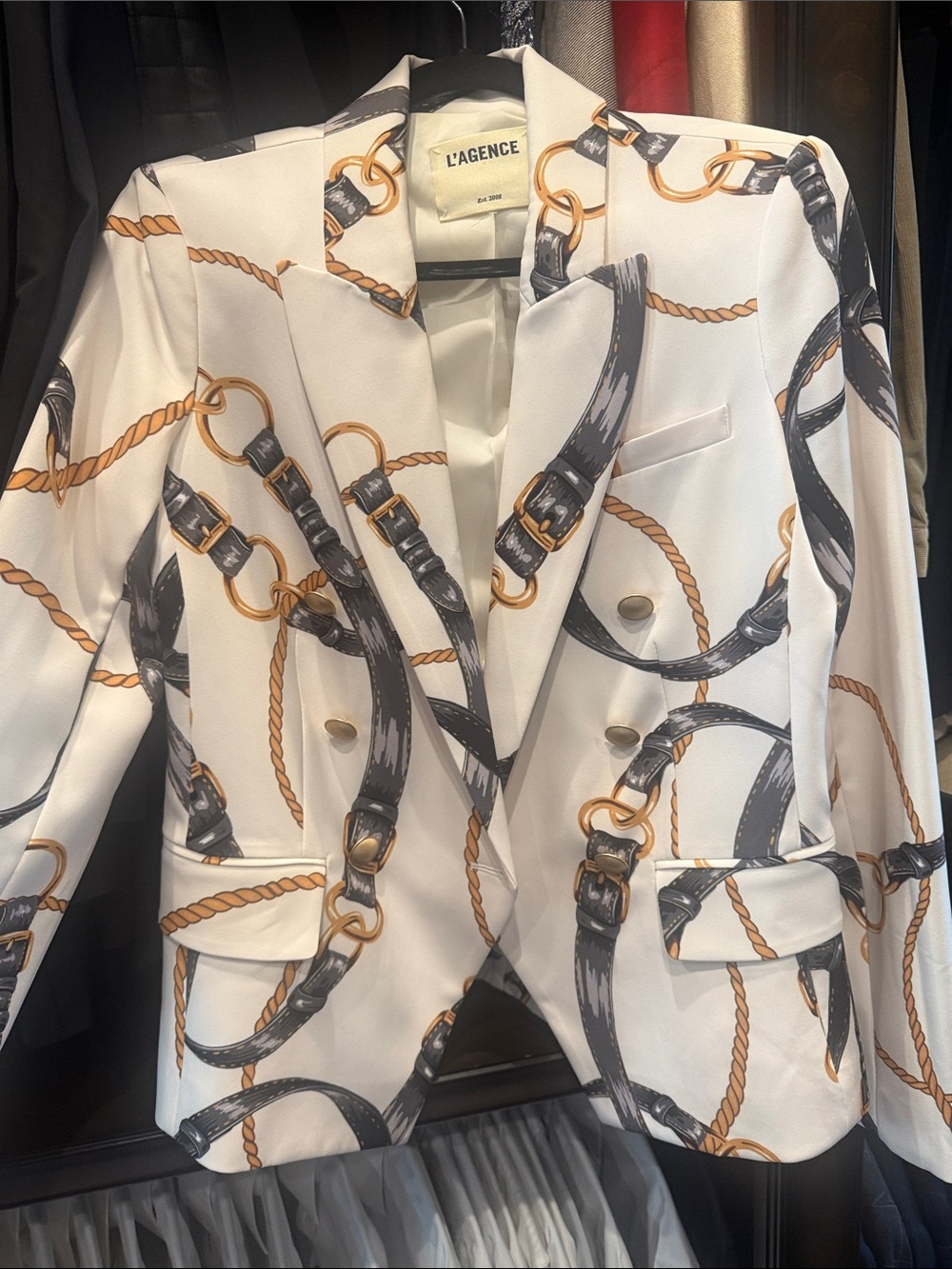 L'AGENCE White Printed Double-Breasted Blazer with Gold Rope & Black Strap Motif
